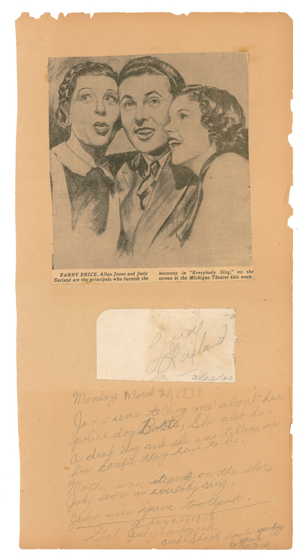Lot 1055 Wizard of Oz: Judy Garland: Built-in provenance: “Tuesday {March] 22, 1938. Got Judy’s autograph and shook hands goodby[e]”