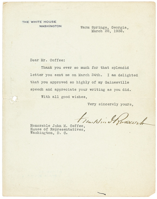 Lot 101 Franklin D. Roosevelt: FDR?s 1938 Gainesville speech praises city, attacks rivals