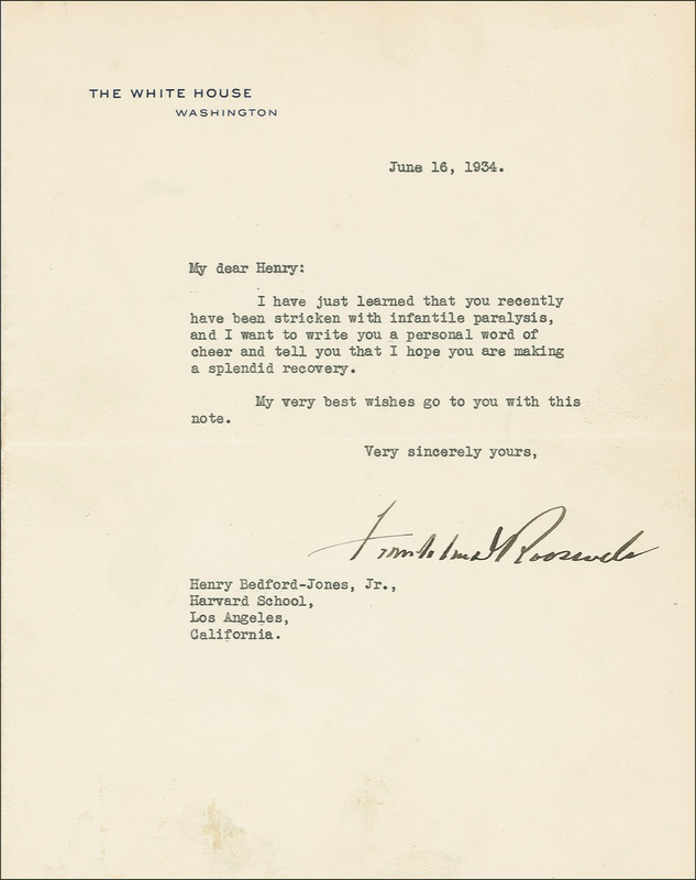 Lot 103 Franklin D. Roosevelt: Sending encouragement to a young polio victim