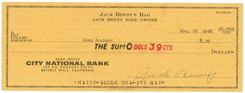 Lot 836 Jack Benny Check