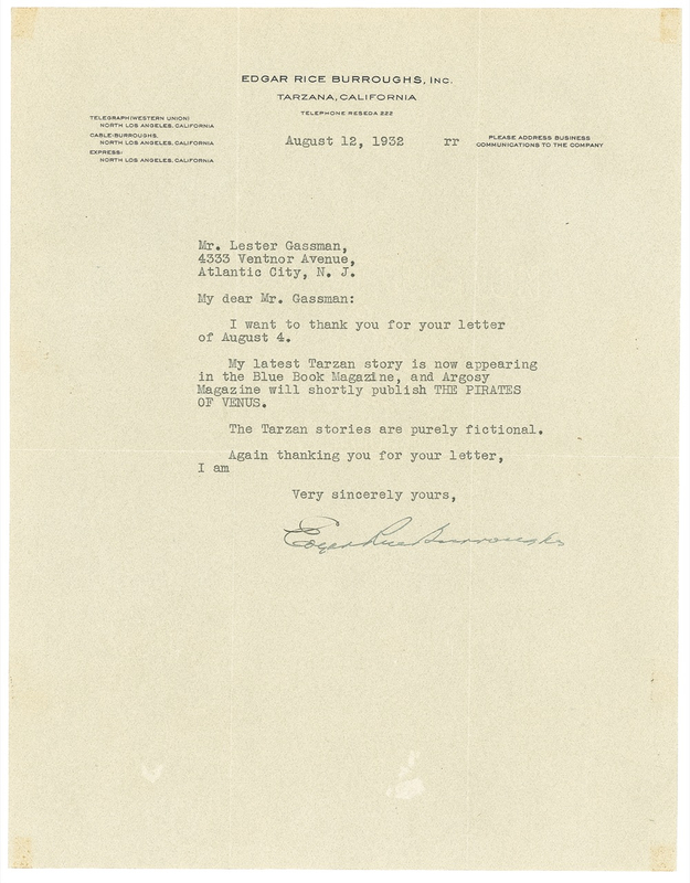 Lot 460 Edgar Rice Burroughs: ?The Tarzan stories are purely fictional?