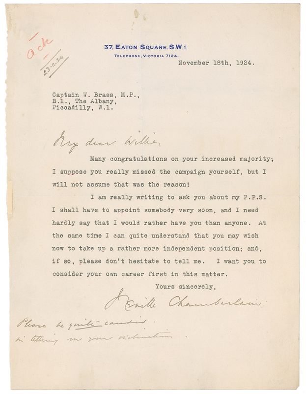 Lot 149 Neville Chamberlain: Chamberlain offers first refusal for an appointment
