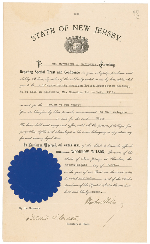 Lot 127 Woodrow Wilson: Governor Wilson appoints a delegate to the American Prison Association meeting