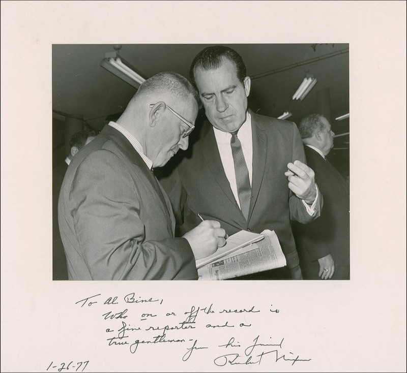 Lot 79 Richard Nixon: In the wake of Watergate, President Nixon commends a reporter, “Who on or off the record is a fine reporter and a true gentleman—”
