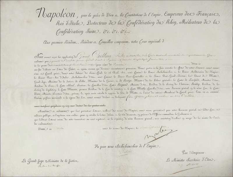 Lot 355 Napoleon: Napoleon pardons a military deserter, ordering him to hear his judgment ?standing and head uncovered?