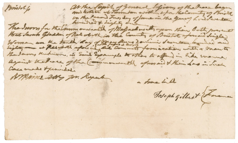 Lot 173 Declaration of Independence: Robert Treat Paine: Paine legal brief for a woman who ?commits fornication with a man?