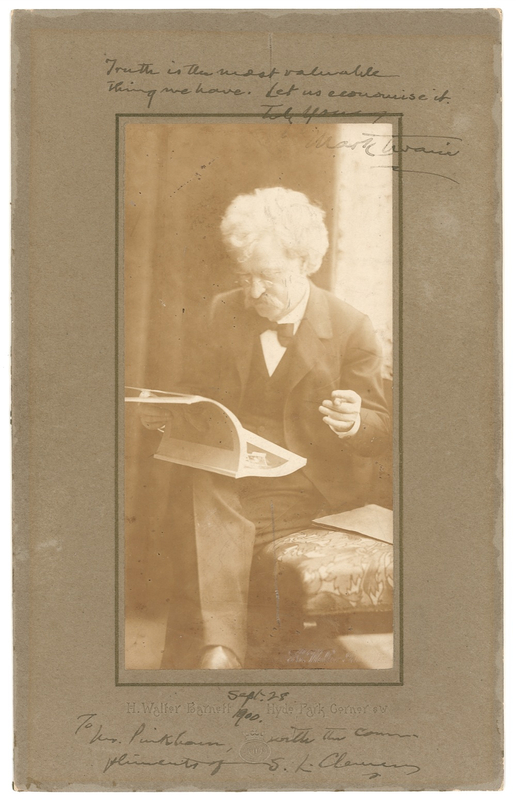 Lot 468 Samuel L. Clemens: Cynical Twain: “Truth is the most valuable thing we have. Let us economise it”