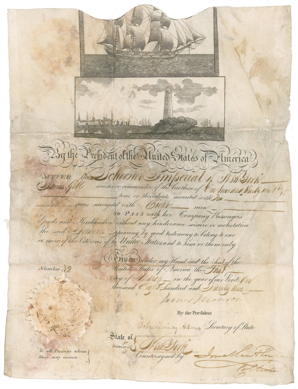 Lot 75 James Monroe and John Quincy Adams: Monroe and Adams authorize the two-gun schooner “Imperial” to set sail