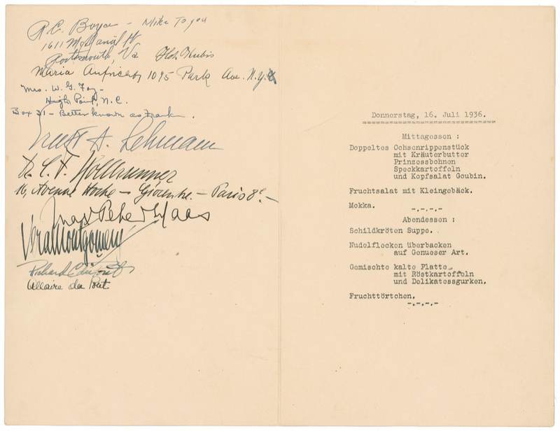 Lot 426 Hindenburg: A trio of 1936 Hindenburg items, including a lunch menu signed by Richard C. DuPont and Ernst A. Lehmann, senior officer aboard the final voyage