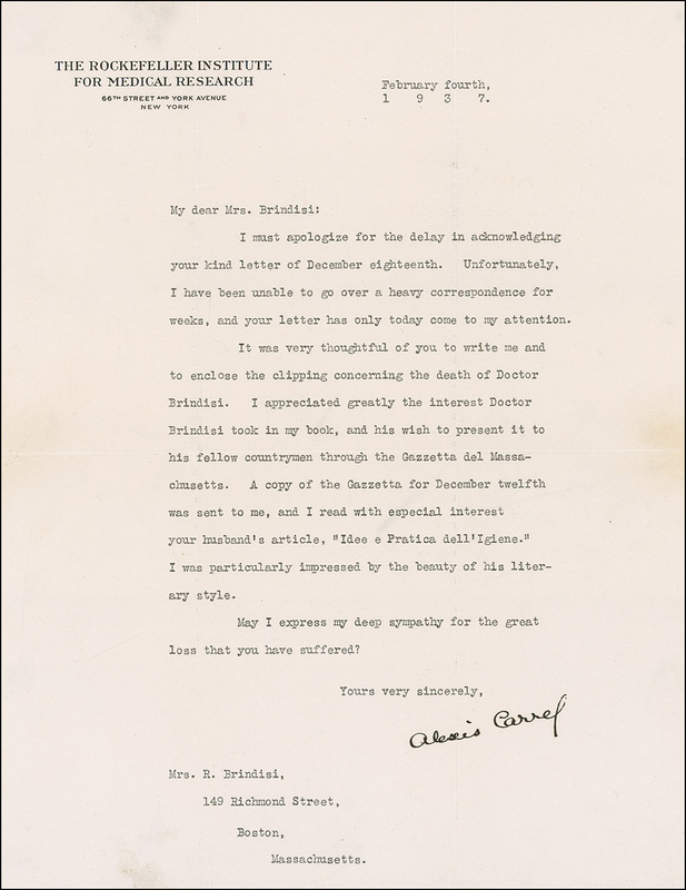 Lot 146 Alexis Carrel: Nazi sympathizer Carrel, whose murderous ideas inspired Hitler, shows his sympathetic side