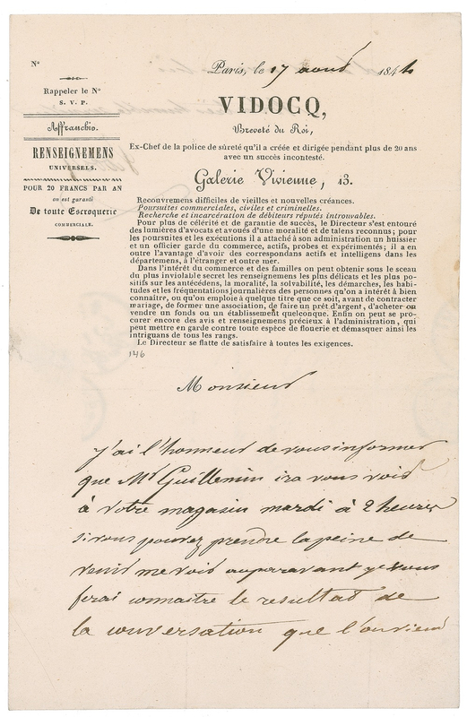 Lot 290 Francois Eugene Vidocq Handwritten Letter Signed