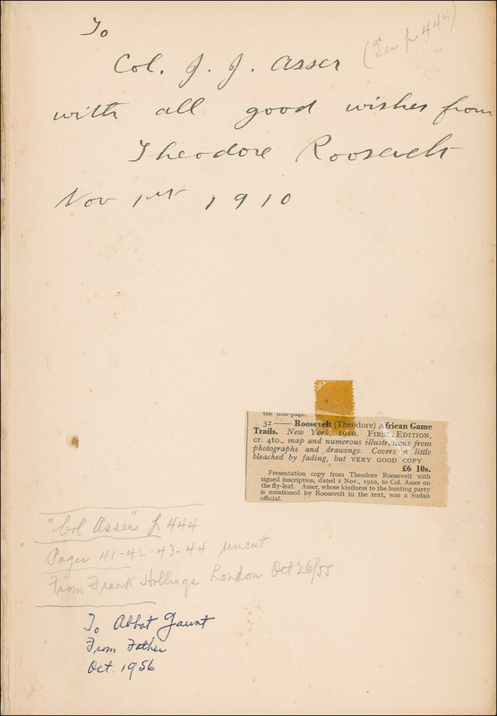 Lot 112 Theodore Roosevelt: Roosevelt’s African classic, presented to a British officer mentioned by name In the book