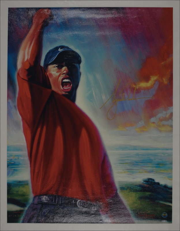 Lot 1374 Tiger Woods: Vibrant Woods giclee with enormous signature