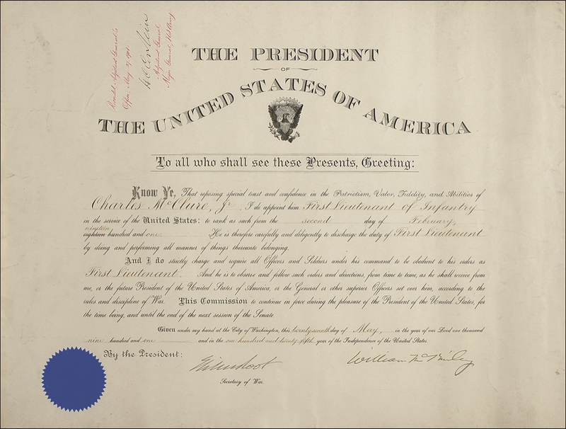 Lot 72 William McKinley: An army lieutenant receives his promotion a month before dying of dysentery during the Philippine-American War