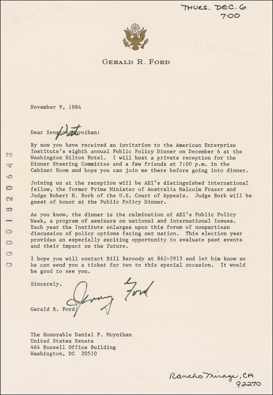 Lot 29 Gerald Ford: Ford invites Parick Moynihan to a 1984 reception featuring guest of honor Robert Bork