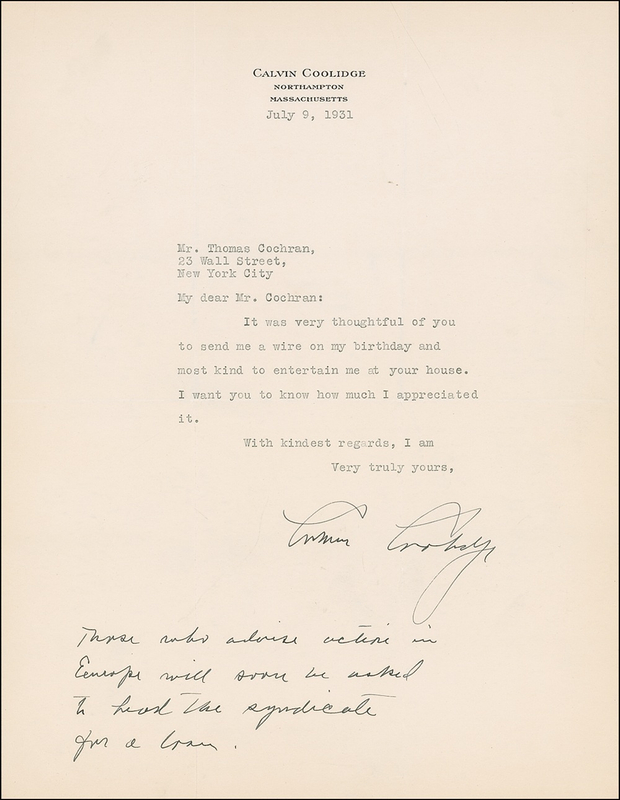 Lot 21 Calvin Coolidge: ?Silent Cal? speaks volumes in opposing aid for Europe during its 1931 bank collapse, an event which helped pave the way for the rise of the Nazi Party