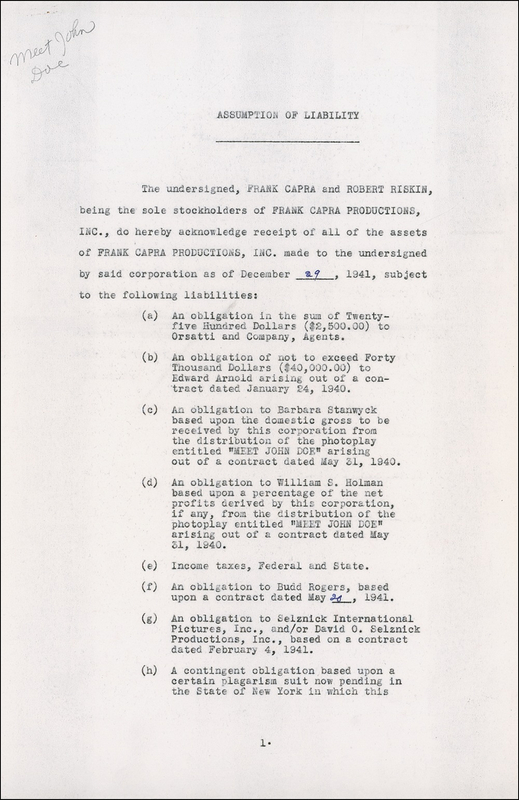 Lot 859 Frank Capra: Capra signs an agreement related to his Academy Award-nominated film, Meet John Doe