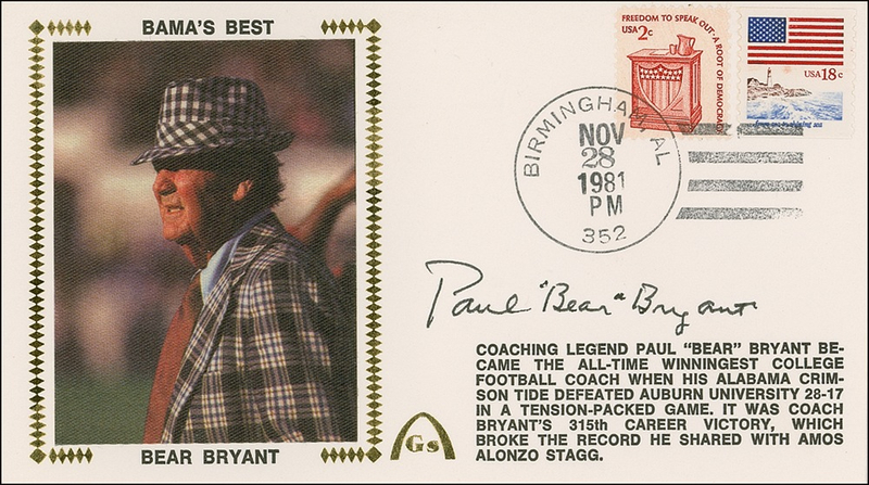 Lot 1195 Paul ”Bear” Bryant First Day Cover