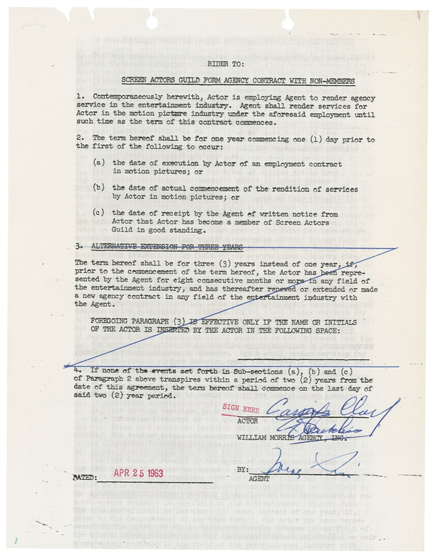 Lot 1170 Muhammad Ali: Shortly after appearing in Requiem for a Heavyweight, Clay signs a SAG agent agreement