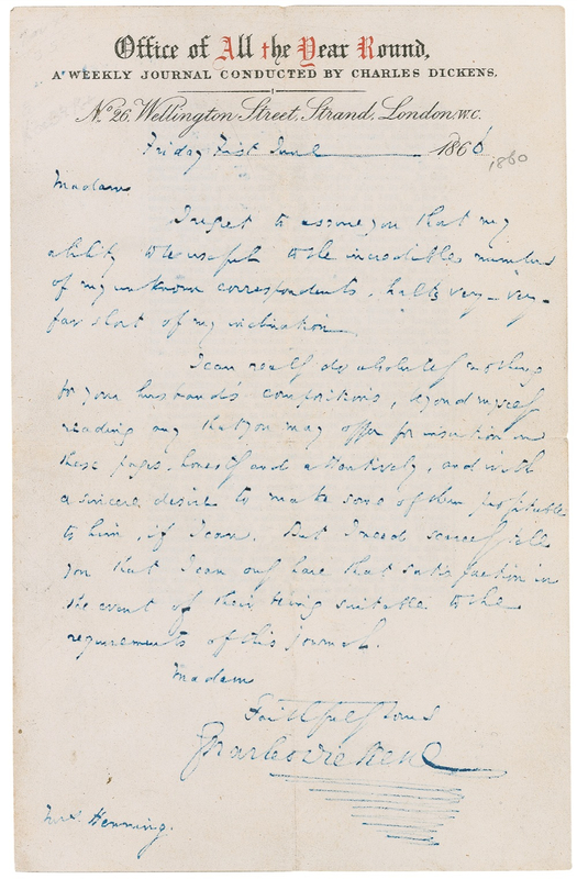 Lot 478 Charles Dickens: Dickens declines to read another author’s manuscript…but offers a subtle loophole