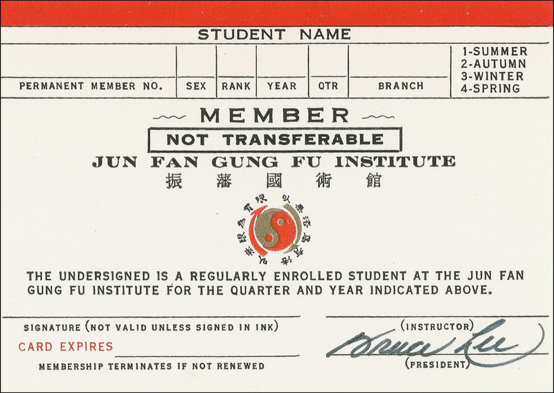Lot 956 Bruce Lee: Pristine unissued Jun Fan Gung Fu Institute membership card signed by the master himself