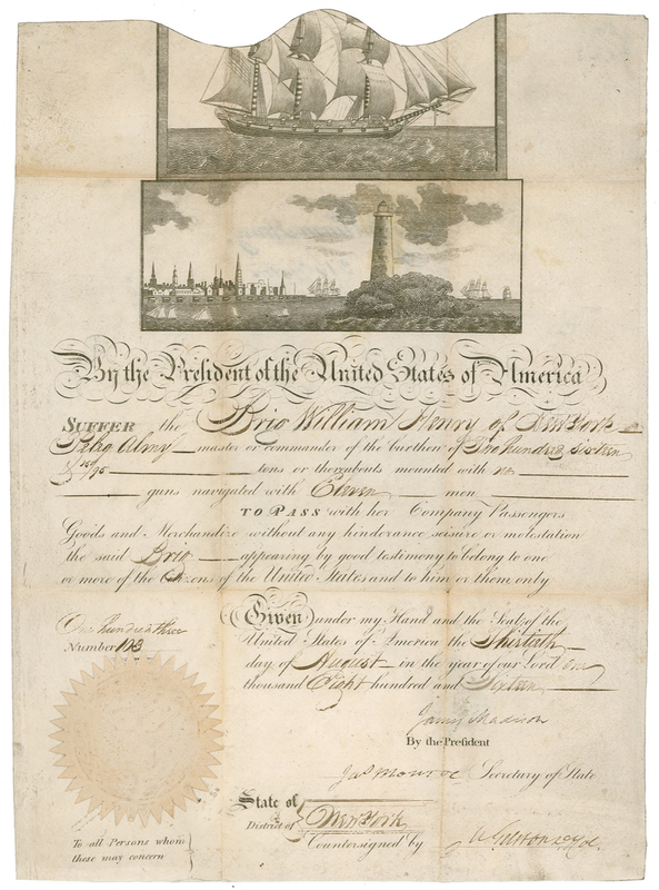 Lot 69 James Madison and James Monroe: Passage for the “Brig William Henry of New York”