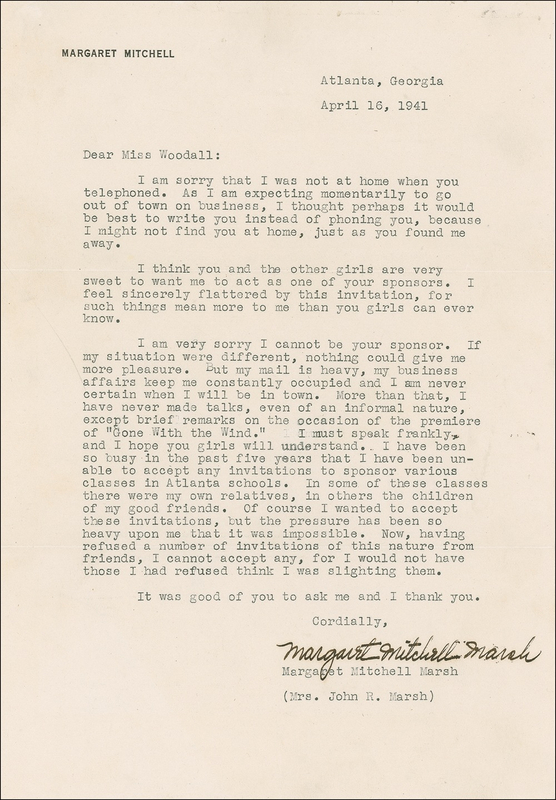 Lot 518 Margaret Mitchell: “I have never made talks…except brief remarks on the occasion of the premiere of ‘Gone with the Wind’”