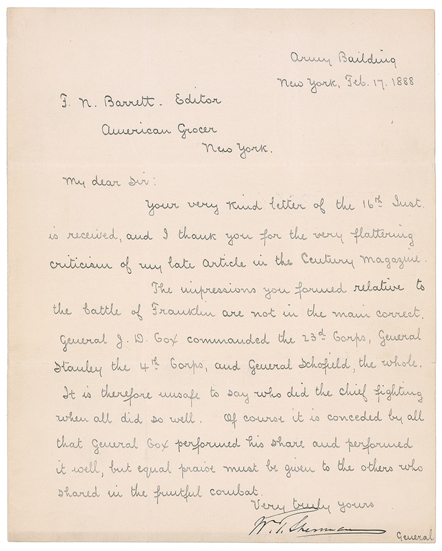 Lot 369 William T. Sherman: Sherman corrects a military misconception