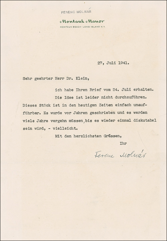 Lot 519 Ferenc Molnar Typed Letter Signed