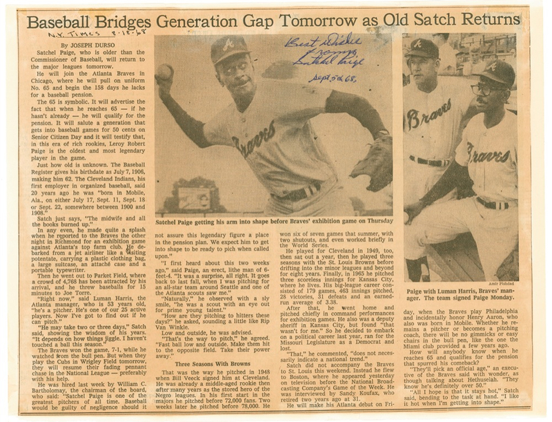 Lot 1314 Satchel Paige Newspaper Article