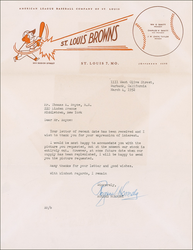 Lot 1250 Rogers Hornsby: Hornsby writes a member of the Browns