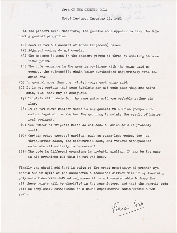 Lot 163 Francis Crick: Quoting from his 1962 Nobel lecture