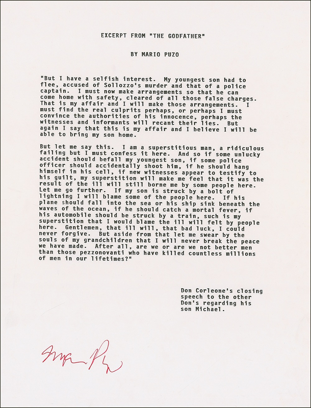 Lot 531 Mario Puzo: “And so if some unlucky accident should befall my youngest son…