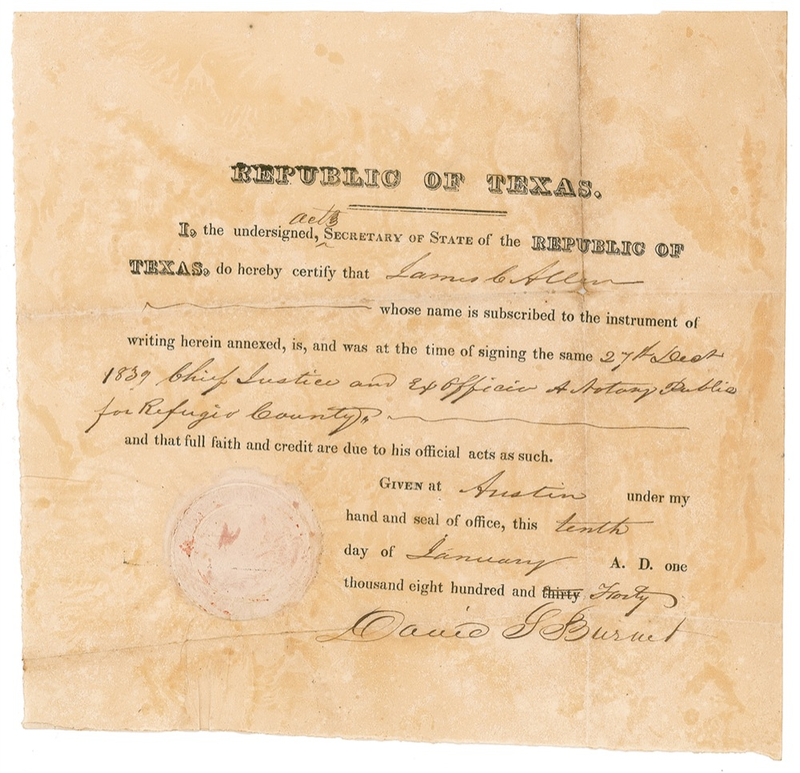 Lot 273 Texas: David Burnet: As Acting Secretary of State of the Republic of Texas, Burnet certifies a Chief Justice