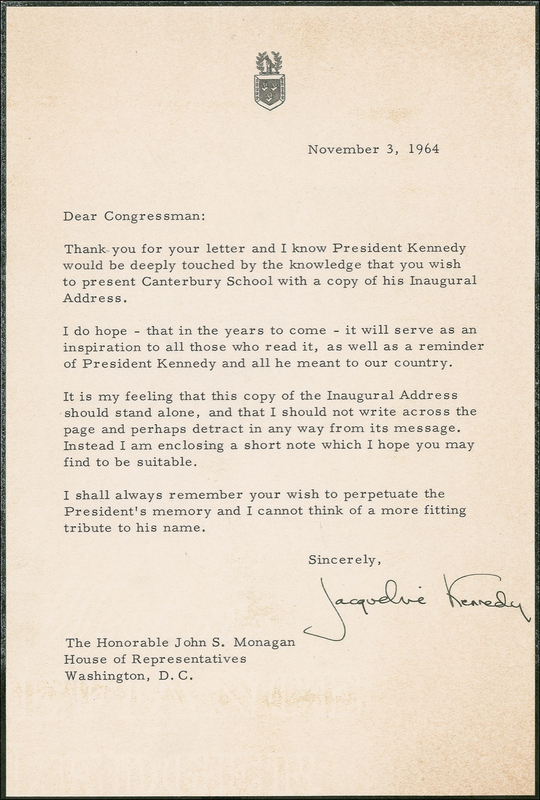 Lot 56 Jacqueline Kennedy: Less than a year after JFK’s death, Jackie stoically sends “a reminder of President Kennedy and all he meant to our country”