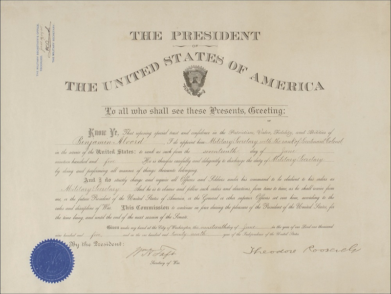 Lot 96 Theodore Roosevelt and William H. Taft: Roosevelt and Taft sign a military appointment for a future Brigadier General, who would receive the Distinguished Service medal