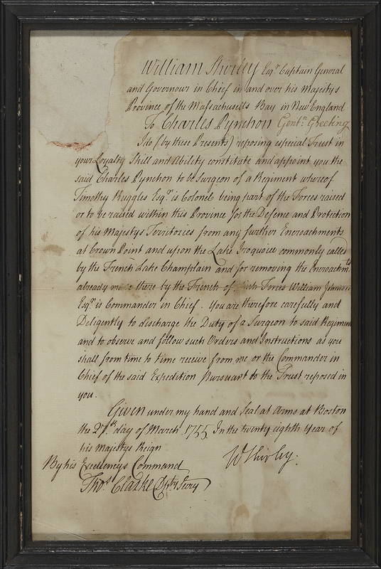 Lot 259 William Shirley: Governor Shirley appoints a surgeon in the regiment of Colonel Ruggles