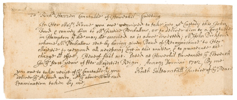 Lot 253 Nathaniel Saltonstall: The principled Salem Witch Trial judge who resigned rather than persecute