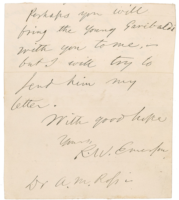 Lot 485 Ralph Waldo Emerson and Guiseppe Garibaldi: The philosopher calls for the soldier: “Perhaps you will bring the young Garibaldi…to me”