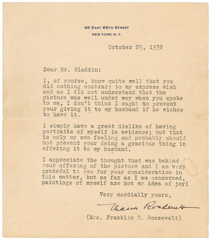 Lot 97 Eleanor Roosevelt: ?Paintings of myself are not my idea of joy!?