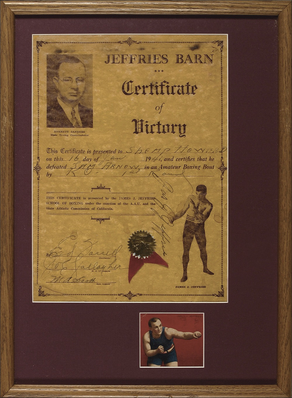 Lot 1255 James J. Jeffries: James J. Jeffries awards a ?Certificate of Victory? to amateur boxer Shemp Howard of the Three Stooges