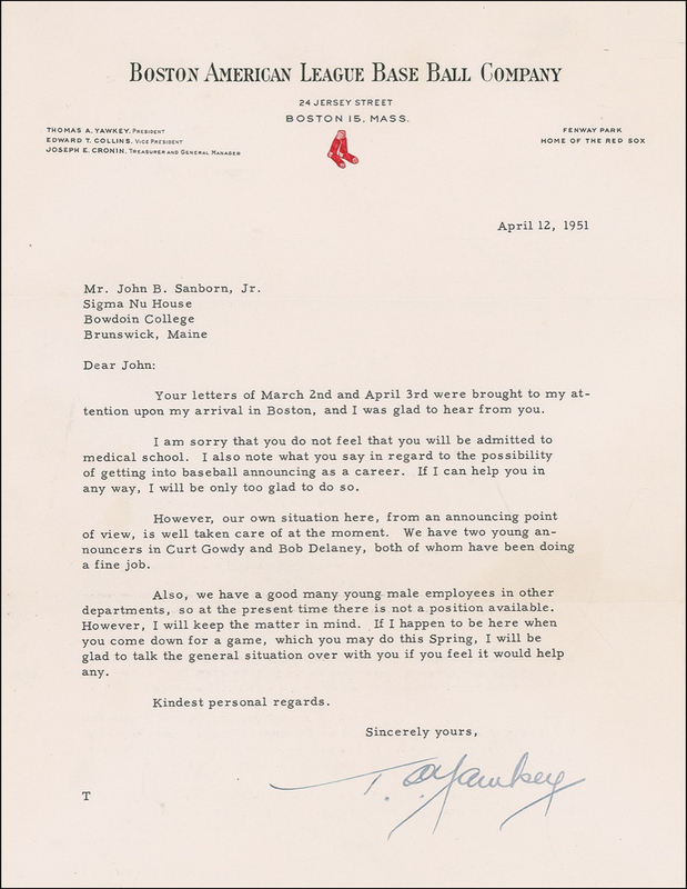 Lot 1382 Tom Yawkey: Baseball H.O.F. Tom Yawkey boasts of his broadcasters: “We have two young announcers in Curt Gowdy and Bob Delaney”