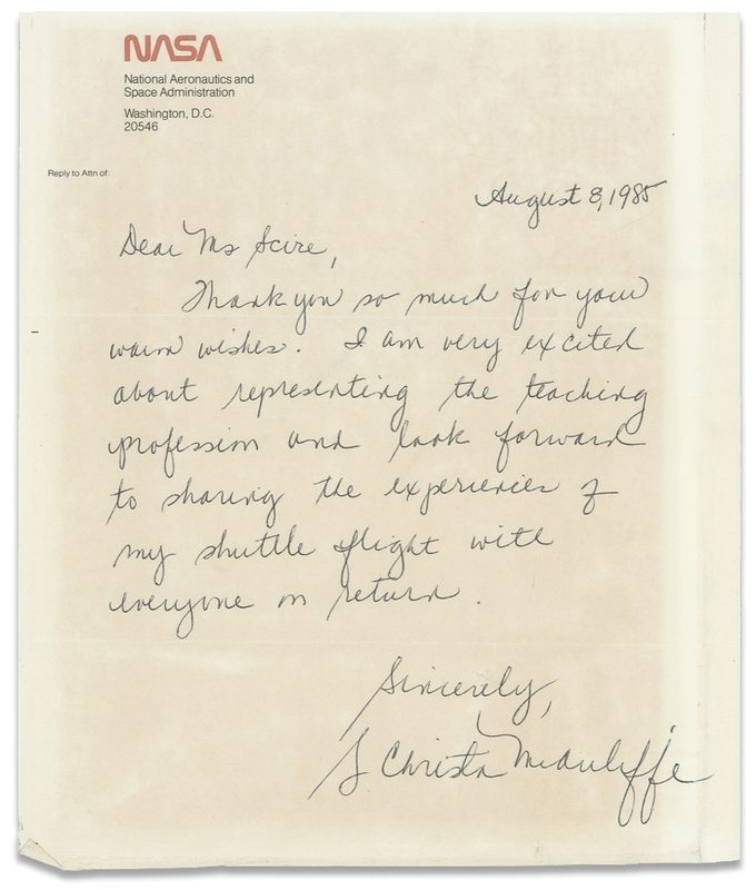 Lot 432 Christa McAuliffe: McAuliffe’s tragically unrealized anticipation: “I…look forward to sharing the experiences of my shuttle flight with everyone on return”