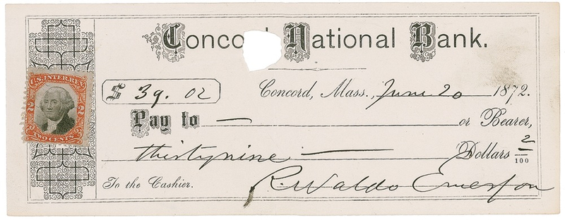 Lot 486 Ralph Waldo Emerson: Emerson check from a month before his house burned