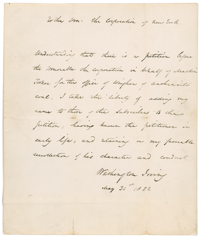Lot 499 Washington Irving: Internationally-famous Irving endorses a job of far less panache, a “weigher of anthracite coal”