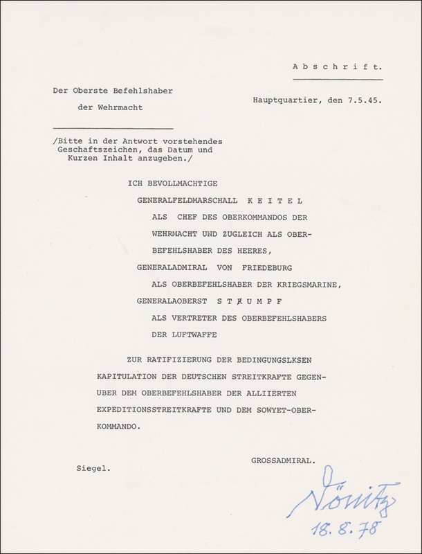 Lot 313 Karl Dönitz Souvenir Typescript