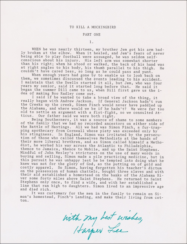 Lot 503 Harper Lee: Reclusive author signs an excerpt from her classic work