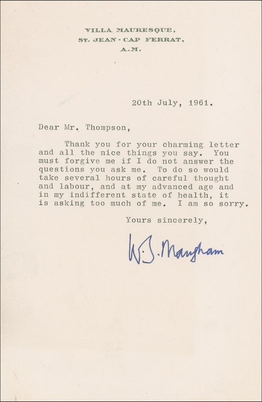 Lot 511 W. Somerset Maugham Typed Letter Signed