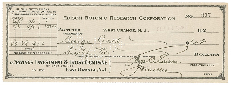 Lot 185 Thomas Edison Check