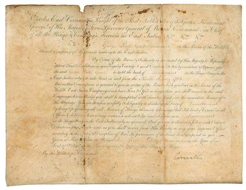 Lot 309 Charles Cornwallis: Cornwallis promotes a military officer during his tenure in India
